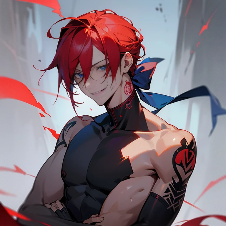 handsome blue eyes,Mulet style red hair, tattoos all over his body,male people,a handsome,Cool atmosphere,Soio,Mash,Depressive Atmosphere(masuter piece,Half body,,ムラムラ,evil smile,Yandere atmosphere,A tattoos on the face,Hair tied back.