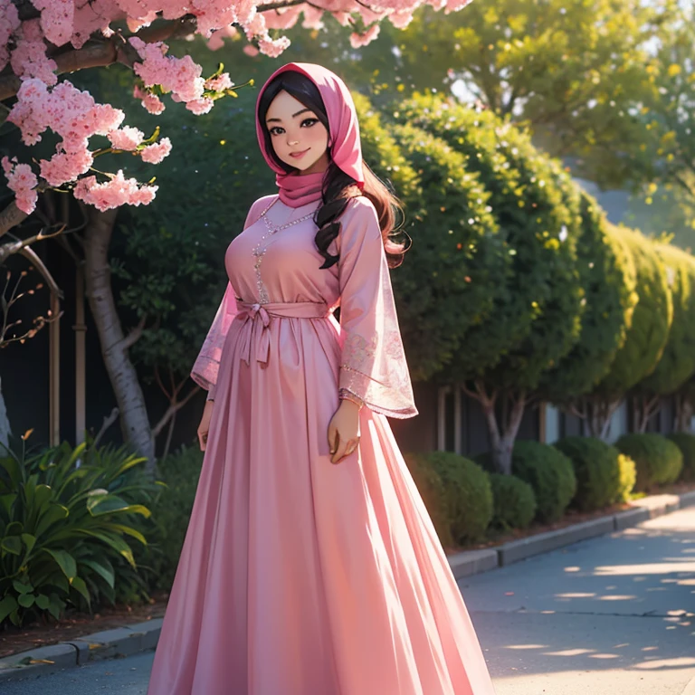adorable, 1 girl, , baby face, s full body portrait, (face details: 1), (eye details: 1), ((medium breasts)). wearing pinky bright long shirt, long skirt, modern hijab colorful, (large breasts)... Cute posed. proportional body. Ultra High Res. realistic: 1.4, UHD