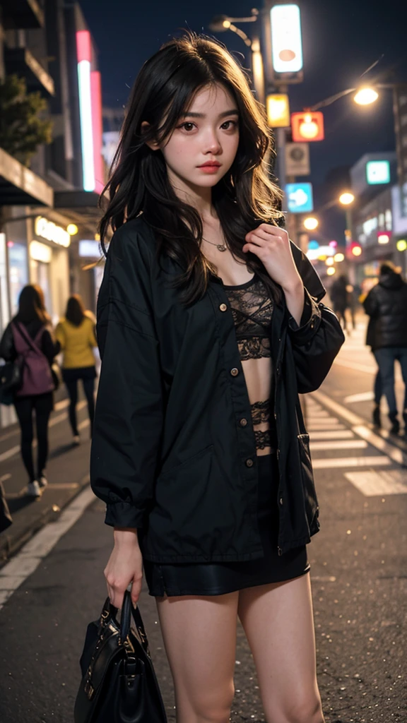 a girl，night view，，on the street