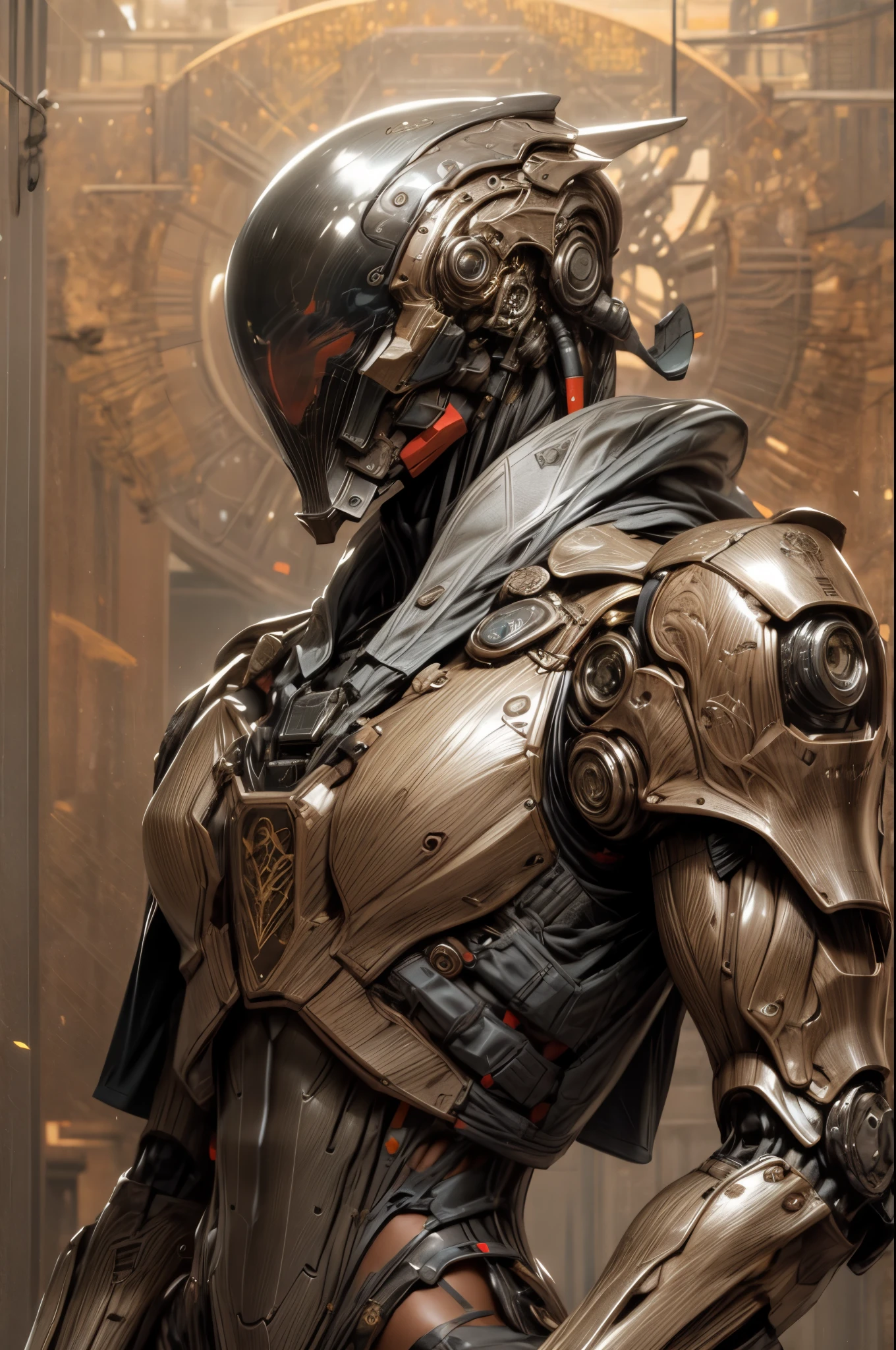 (((An epic and visually stunning digital anime masterpiece:1.5, art piece featuring an elegant masculine military mechanical ((robot)) soldier:1.7, wearing a sleek yet tactical decorated military trench coat:1.6))), (((heavily muscled masculine chest:1.6, chiseled abs:1.6, heavily toned:1.6, slim yet muscular:1.6))), (((tactical robot knight helmet:1.8, mechanical full head knight helmet:1.8, optical sensors:1.9))), (((the character is clothed in a scifi tactical double breasted trench coat with a built in exoskeleton:1.6))), (((over a form fitted armor plated yet super sleek and sensually revealing under suit, waist and thighs exposed:1.6))), ((The image showcases the intricacies of the character’s armor and clothing:1.4)), ((capturing their flamboyant feminine essence and heavy mechanical art deco aesthetic:1.5)), ((The character also possesses a more feminine androgynous body build:1.6)), (((with a toned yet heavily muscled gorgeous feminine physique:1.4, a sleek waist:1.4, mesomorphic mechanical muscular torso, toned yet beautifully sleek mechanical arms and legs:1.6, with thick well rounded thighs:1.6, mechanical muscles))), ((looking at viewer)), (((brass metal armor and brown leather))), ((((depth of field, cinematic lighting, chromatic aberration, ray tracing, UHD, masterpiece, top of head covered, super detail, high details, high quality, award winning, 8k, highres)))), (((dieselpunk:1.4, decopunk:1.4, artificial muscle:1.5))), (((beautiful engraved scifi gothic armor:1.8)))