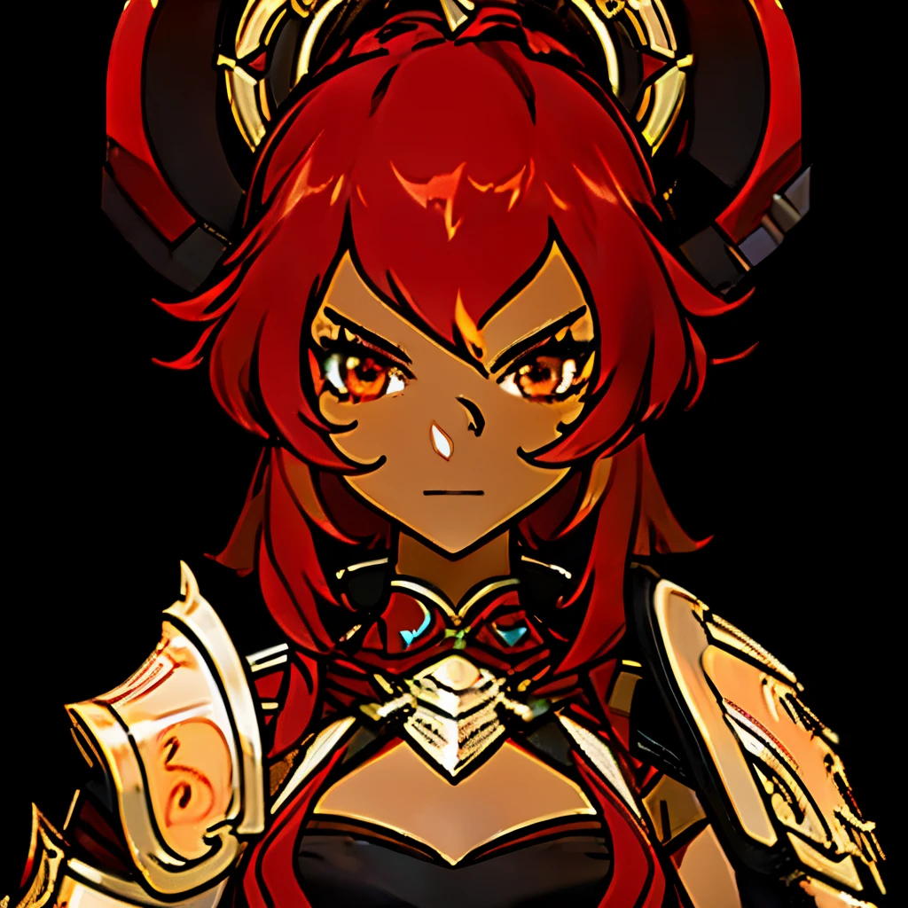 adult girl, dark skin color, Red hair, 47 years old, gladiator armor, fire on the body, black background