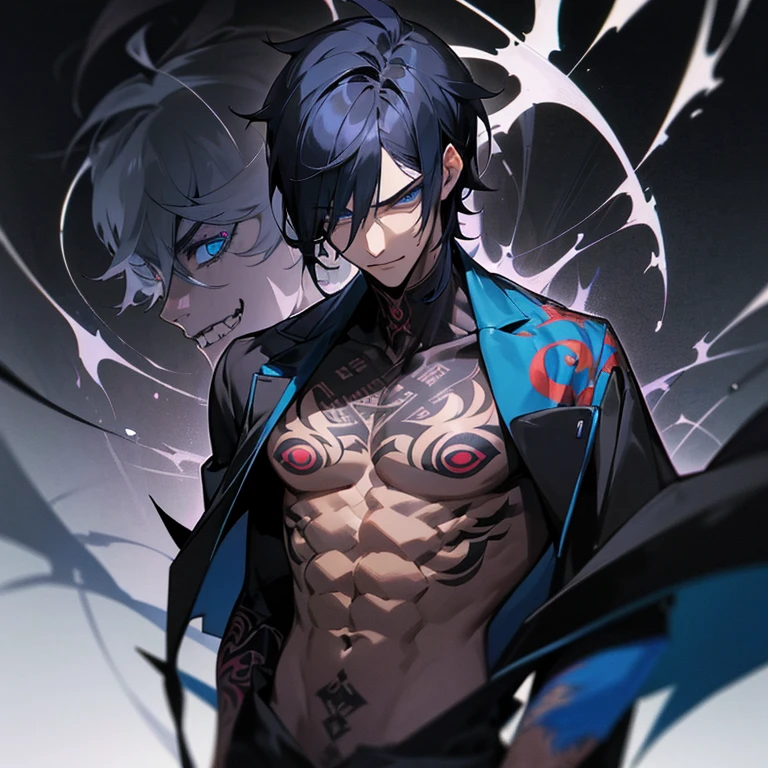 handsome blue eyes,Mulet style black hair, tattoos all over his body,male people,a handsome,Cool atmosphere,Soio,Mash,Depressive Atmosphere(masuter piece,Half body,,ムラムラ,evil smile,Yandere atmosphere,A tattoos on the face,demon.
