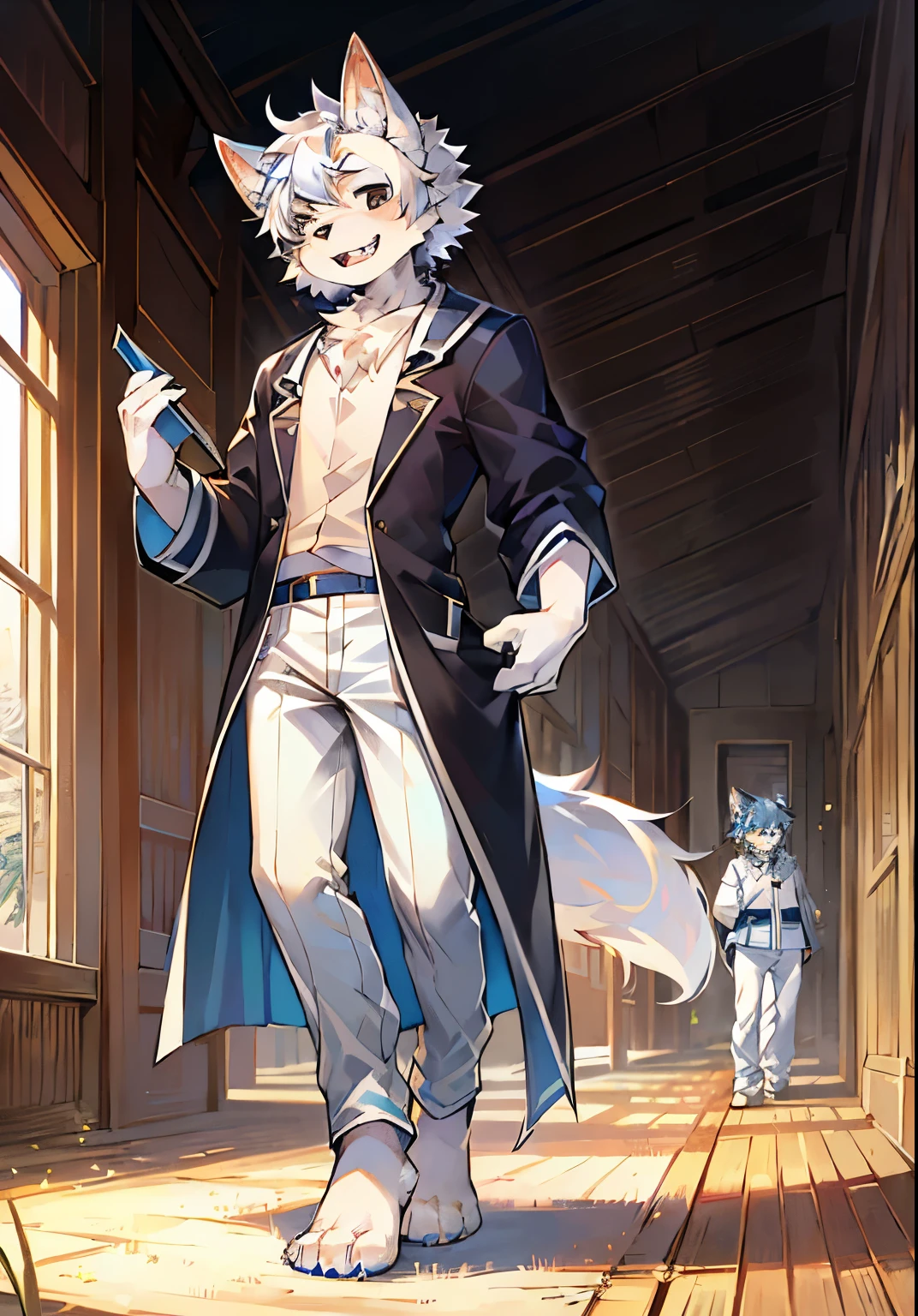 (bright environment: 0.8), masterpiece, high quality, abstract research, number\(artwork\), by dagashi, Yes, Kiyoyama, (Hana charcoalo, fluffy fur, Character focus: 1.1), Hana charcoalo Male Cat, short hair, portrait , Bright Eyes, panoramic, Character focus. (Detailed background: 0.7), hairy, hairy male, Hana charcoal, (Full body fur, hairy大尾巴, white fur, white hair, black eyes: 1.2), (long canine teeth, junior high school student, Blue and white robes, white pants, white top: 1.2), (grassland: 1.1)