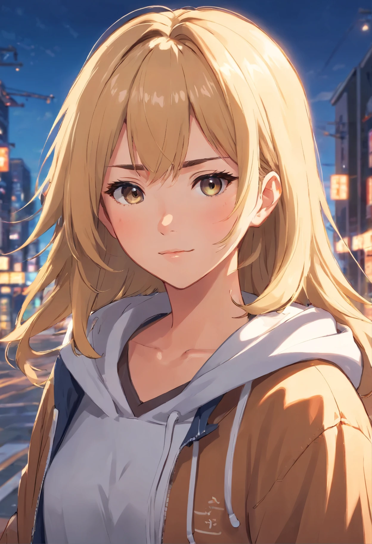 close up face、looking at the camera、gal、blonde、With bangs、medium hair、(Tanned skin 1.6)、High resolution、wear a hoodie