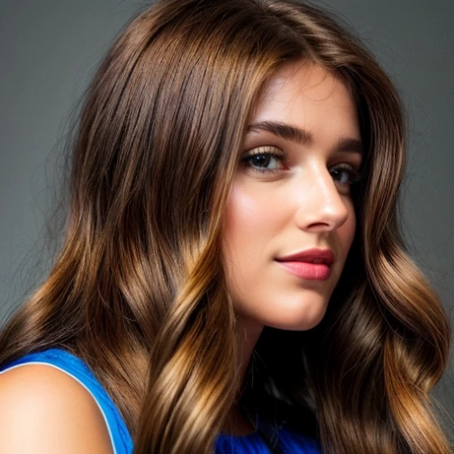 Beautiful girl,20 years old brown haired, long hair,wearing a blue dress.