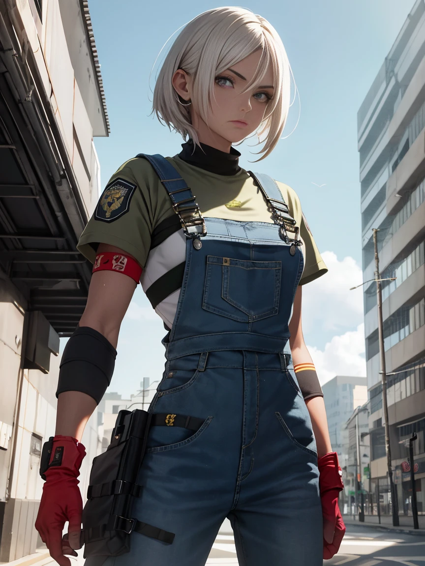 melhor qualidade,obra-prima,Final resolution,felpudo,extremamente colorido,colorida,Mulheres combatentes,uma mulher madura,cabelo branco curto,segurando arma,traje de combate apertado,overalls,Steel city background,a noite,Postura normal