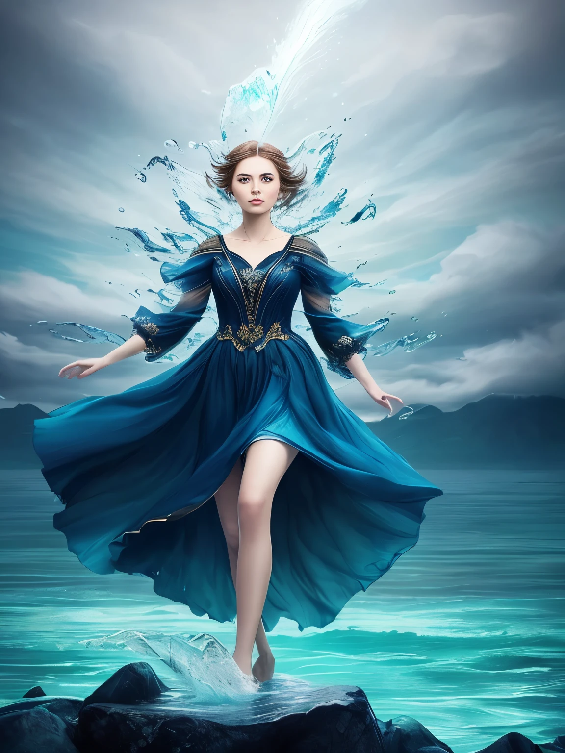 (Masterpiece, Top Quality, Best, Official Art, Beautiful and Aesthetic, Long Exposure: 1.2), Smooth Movement, Fascinating Patterns, 1 Girl, Adult Russian Woman, Freckles, Jade Eyes, Black Lob Hair, Portrait, Solo , upper body, gaze at observer, detailed background, detailed face, (crystallineAI, crystalline theme:1.1), elemental water sprite, spinning water, controlling water, fantasy magician clothes, dynamic pose, floating particles, ethereal dynamics, water , steam, ocean in the background, blue tones, coast, ethereal atmosphere,