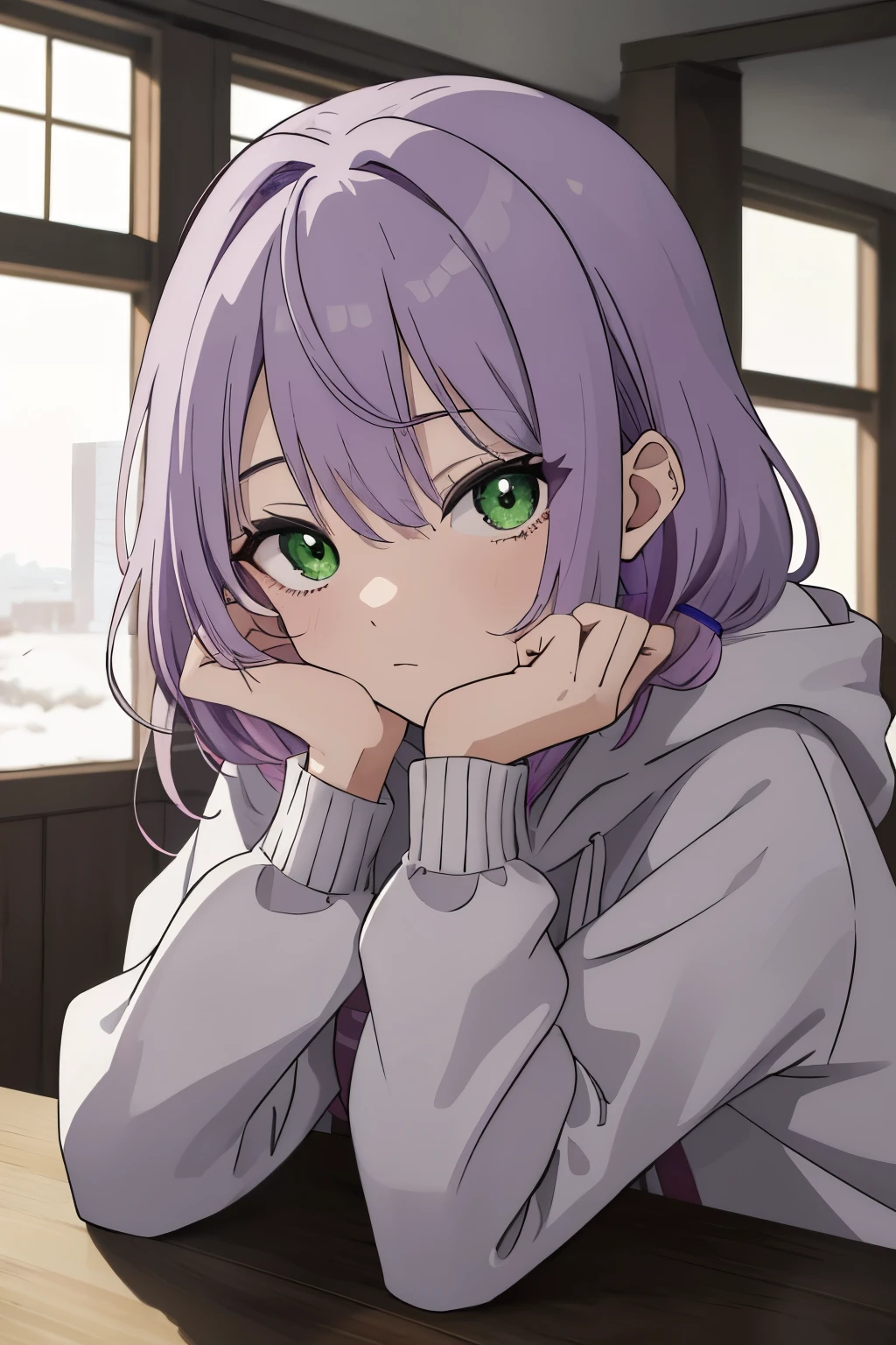 Scene View,null,anime style,night,headrest, intense angle, Curtsey,(Light purple hair)、medium hair、large round green eyes、winter scenery,highest quality、Multicolored hair、((indoor))、white hoodie,low twintails