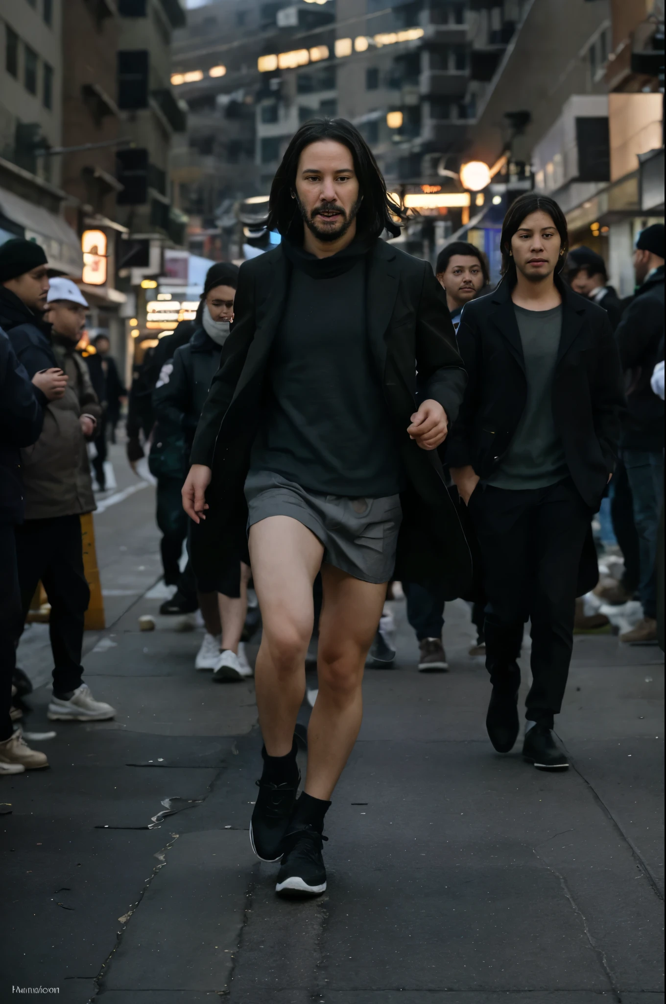 Full body shot of Keanu running away from an explosion in a street of a postmodern New York. Warm atmosphere, photograph, photoshoot, Captured by Panavision Panaflex Platinum Camera with Panavision Primo Primes Spherical Lens 75mm T1.9