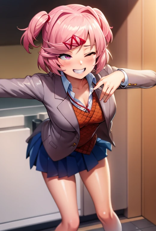 ((masterpiece)), (best quality), (detailed), natsuki, pink eyes, pink hair, two side up, hair ornament, hair ribbon, school uniform, blazer, blue skirt, grin, clenched teeth, full body orgasm, smile, rolling eyes, one eye closed, ((clitoral stimulation)), (drooling:0.6), (arched back:0.9), trembling legs, moaning through teeth, leaning backwards, clevage