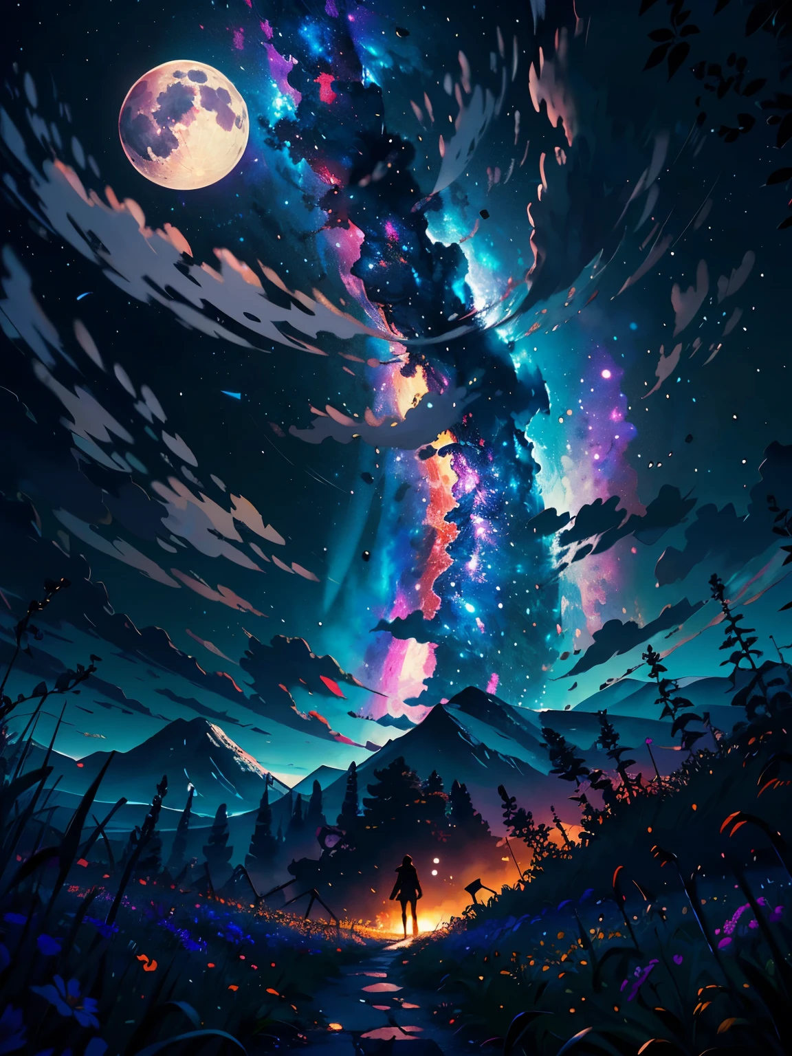expansive landscape photograph , (a view from below that shows sky above and open field below), a girl standing on flower field looking up, (full moon:1.2), ( shooting stars:0.9), (nebula:1.3), distant mountain, tree BREAK
production art, (warm light source:1.2), (Firefly:1.2), lamp, lot of purple and orange, intricate details, volumetric lighting BREAK
(masterpiece:1.2), (best quality), 4k, ultra-detailed, (dynamic composition:1.4), highly detailed, colorful details,( iridescent colors:1.2), (glowing lighting, atmospheric lighting), dreamy, magical, (solo:1.2)