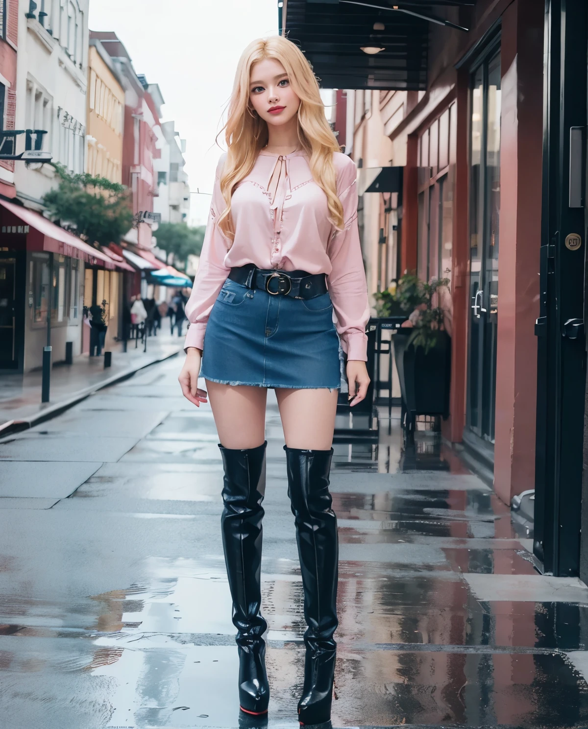 1girl, Blue eyes, (smile), (long leather high heels boots :1.3), shiny makeup, (Sana Minatozaki), wide hips, Big , big ass, (Best Quality, 8k, Masterpiece: 1.3), perfect hands, Clear Focus: 1.2, Perfect Body Beauty: 1.4, Highly detailed face and skin texture, detailed eyes, double eyelids, red lips, (blonde long hair :1.2), (pink blouse :1.2), belt, (denim skirt :1.3), standing, dynamic pose, in a shopping center