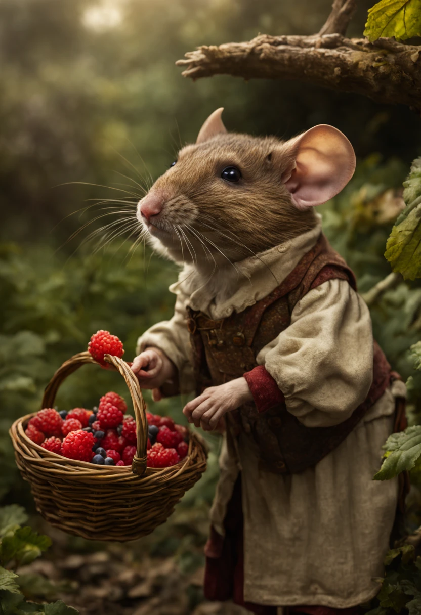 Extrememly realistic country mice dressed in peasant clothes in the style of Beatrix Potter , picking berries, black mountain college, bloomsbury group, portraiture style of edwardian beauty, layered textures , elegantly formal (Rembrandt Lighting), zeiss lens, ultra realistic, (high detailed skin:1.2), 8k uhd, dslr, Dramatic Rim light, high quality, Fujifilm XT3 HDRI