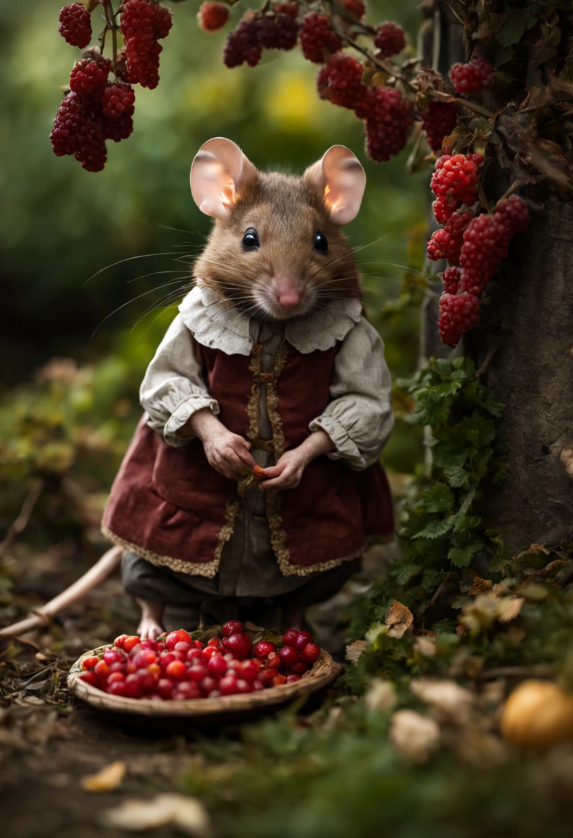 Extrememly realistic country mice dressed in peasant clothes in the style of Beatrix Potter , picking berries, black mountain college, bloomsbury group, portraiture style of edwardian beauty, layered textures , elegantly formal (Rembrandt Lighting), zeiss lens, ultra realistic, (high detailed skin:1.2), 8k uhd, dslr, Dramatic Rim light, high quality, Fujifilm XT3 HDRI