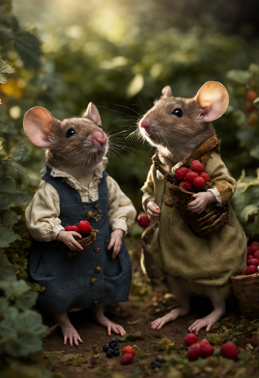 Extrememly realistic country mice dressed in peasant clothes in the style of Beatrix Potter , picking berries, black mountain college, bloomsbury group, portraiture style of edwardian beauty, layered textures , elegantly formal (Rembrandt Lighting), zeiss lens, ultra realistic, (high detailed skin:1.2), 8k uhd, dslr, Dramatic Rim light, high quality, Fujifilm XT3 HDRI