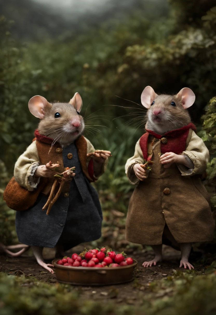 Extrememly realistic country mice dressed in peasant clothes in the style of Beatrix Potter , picking berries, black mountain college, bloomsbury group, portraiture style of edwardian beauty, layered textures , elegantly formal (Rembrandt Lighting), zeiss lens, ultra realistic, (high detailed skin:1.2), 8k uhd, dslr, Dramatic Rim light, high quality, Fujifilm XT3 HDRI