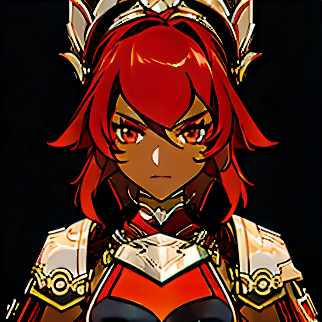 adult girl, dark skin color, Red hair, 47 years old, gladiator armor, fire on the body, black background
