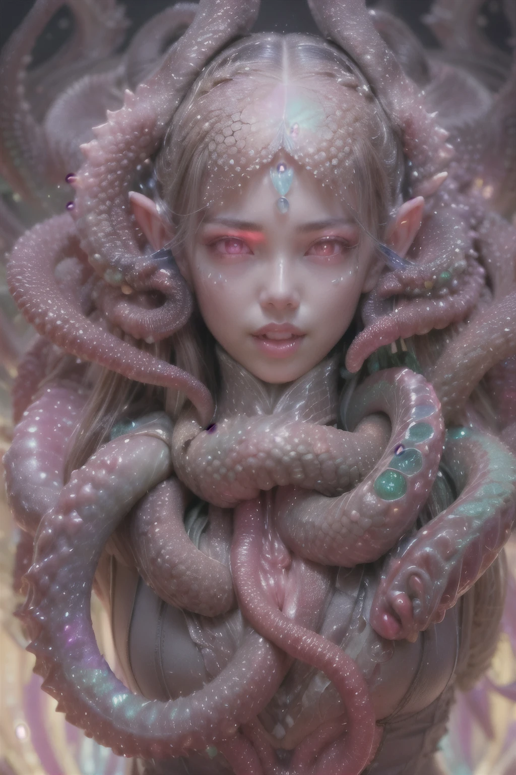 (1 beautiful and obscene female alien:1.4), (There is a female genital-like organ in the middle of her forehead:1.95), She has medusa-like hair, (there are lots of translucent tentacles from her head like her hair:1.5), (vulgarity1.7), (she is looking at viewers with glowing red eyes with no pupils:1.6), (She has translucent pale skin:1.4),(She has the most beautiful face in the history of the universe:1.2), (She has multiple bioluminescent organs on the side of her tentacles:1.4), (Her body is covered with an iridescent exoskeleton:1.4), (She is showing her arm pits:1.6), an evil gaze that seduces, (looking down at viewers:1.4),(Vampire-like long canine teeth can be glimpsed through the gap between the cute lips:1.4) (bio luminescent:1.4), (Smile wickedly:1.3), (sexypose:1.4), alien, No humans, cells are fused, extraterrestrial, cell, bio image, ultra high resolution, (photos realistic:1.7), (Numerous award-winning masterpieces, with incredible detail, textures and maximum detail), Dramatic Lighting, cinematic quality, (exquisite details:1.2), High freshness, drawing faithfully, (Thick eyebrows:1.2), Beautiful eyes with fine symmetry,(Highly detailed face and eyes:1.2),(Super detailed skin quality feeling:1.4), perfect anatomy, (Beautiful toned body:1.5), (Moist skin:1.2), not wearing makeup, (dark circles:1.1), long canines, cinematic drawing of characters, cinematic quality, (exquisite details:1.2), high resolution, High freshness, drawing faithfully, official art, Unity 8K Wall paper, ultra detailed artistic photography, midnight aura, unreal engine 5, Ultra Sharp Focus, art by Amano Yoshitaka, ArtGerm, ultra realistic realism, dream-like, Creation of fantasy, dream Snail, (biopunk nautilus:1.3),Thrilling color schemes, seductively smiling, Amazing mutation, well-proportioned body, goddess of the deep sea, fractal, Geometric pattern, impossible figures, subtle emerald green accents, (expression of ecstasy:1.4)