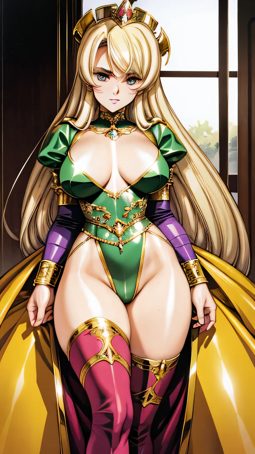 the most beautiful woman, with long pantone hair:peach fluffy, crown on her head, in a royal dress in gothic fantasy style, striped bodice, high golden boots over the knee boots, The dress has cutouts up to the top of the thighs.., athletic build, Gold bracelets, on the chest there is a magical glowing stone of mint color, lighthouse, shine, marker, shimmer, against the backdrop of an ivory and jade veranda, Golden ratio, masterpiece, anime, ultra detailed
