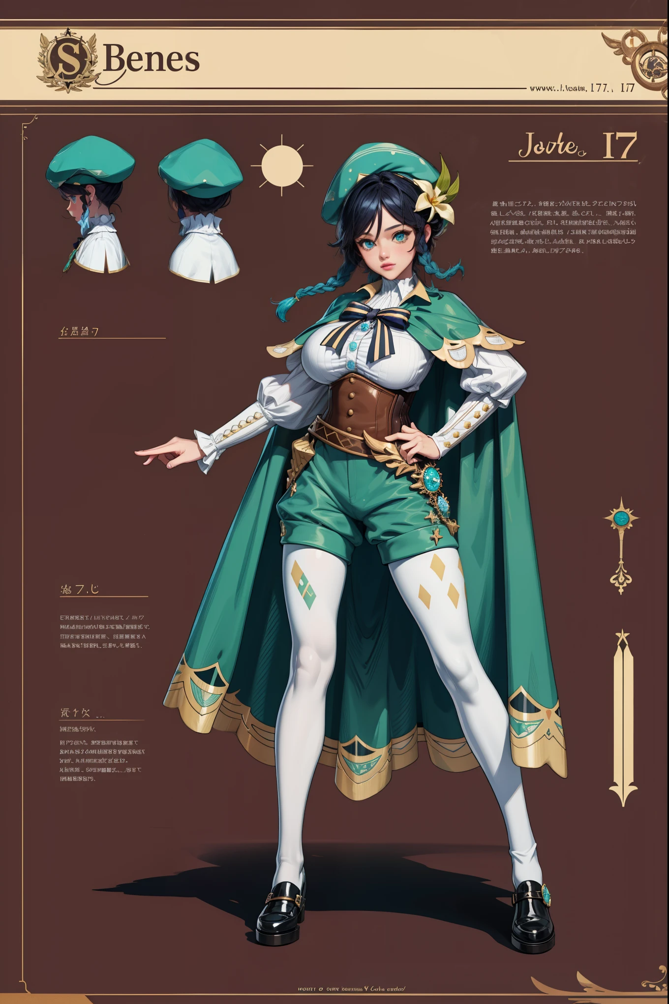 girl, solo, full body, from head to toe, standing, (Huge_Breasts:1.3), beautiful body, perfect body, nice body,

((Character Design Sheet:1.7, character reference sheet:1.7,)),

ventidef, beret, hat flower, white shirt, bow, long sleeves, frilled sleeves, corset, cape, green shorts, white pantyhose, jewelry, brooch