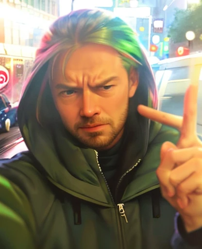Close up of a face of a man in a green jacket, showing two fingers pretending it's a gun by his head, ((bold)), NY 70's, rainy night, big city, taxi driver movie color palette, city underground vibe, lost look, (unhappy), no future, (skinhead) , numb eyes, bom, 8k selfie photograph, patryk hardziej, aphex twin, Michael Gira