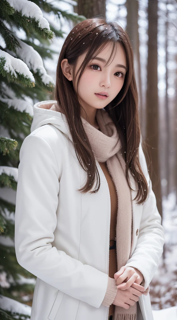 1womanl, up of face, light brown hair, Blunt bangs, hair behind ear, hair over shoulder, Long hair, slender body shape, Ultra Fine Face, Thin face, Delicate lips, Beautiful eyes, thin blush, eyes are light brown,View here, Ultra-thin hands, Ultra-fine fingers, best ratio four finger and one thumb, (realisitic:1.3), white longcoat, muffler , gloves、Coniferous forest with heavy snowfall, It's snowing  .One-person viewpoint,  8K, masutepiece, nffsw, Super Detail, High quality, Best Quality, hight resolution,