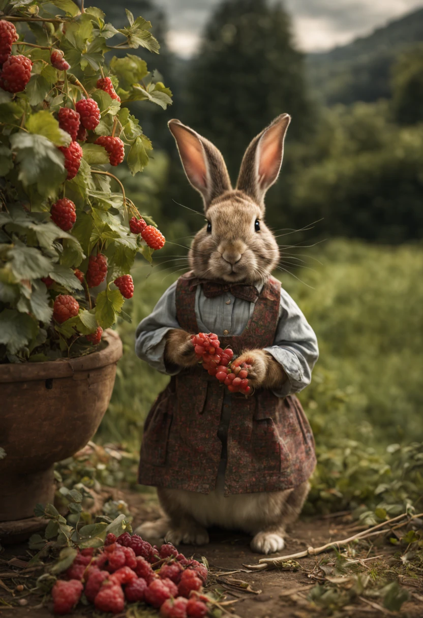 Extrememly realistic country rabbits dressed in peasant clothes in the style of Beatrix Potter , picking berries, black mountain college, bloomsbury group, portraiture style of edwardian beauty, layered textures , elegantly formal (Rembrandt Lighting), zeiss lens, ultra realistic, (high detailed skin:1.2), 8k uhd, dslr, Dramatic Rim light, high quality, Fujifilm XT3 HDRI