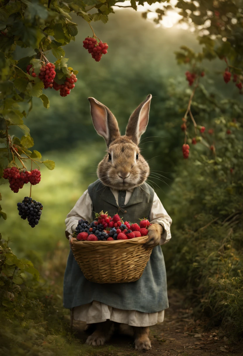 Extrememly realistic country rabbits dressed in peasant clothes in the style of Beatrix Potter , picking berries, black mountain college, bloomsbury group, portraiture style of edwardian beauty, layered textures , elegantly formal (Rembrandt Lighting), zeiss lens, ultra realistic, (high detailed skin:1.2), 8k uhd, dslr, Dramatic Rim light, high quality, Fujifilm XT3 HDRI