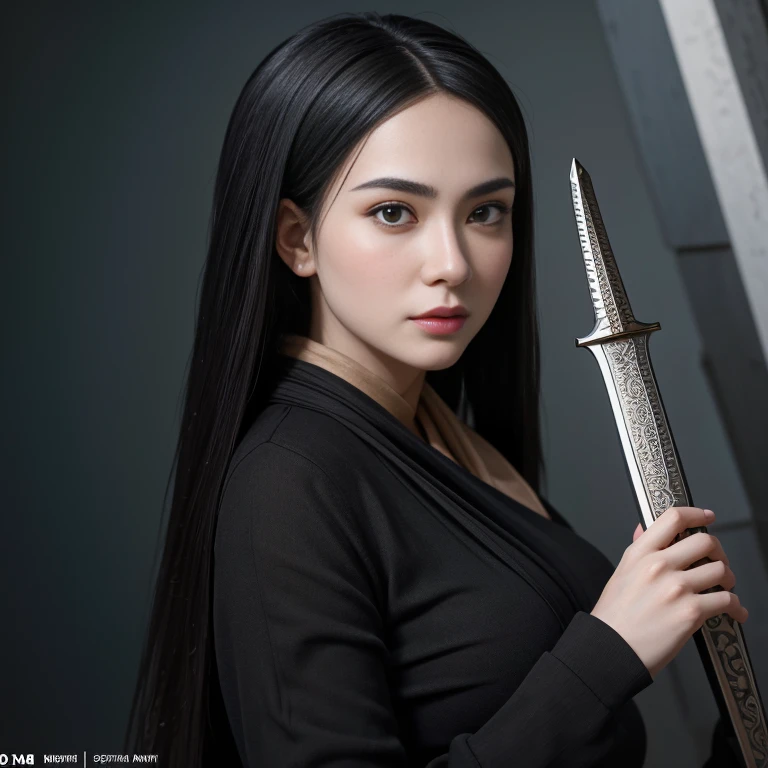 ultra detailed complex 3D rendering of a beautiful anime character, vibrant details,luxurious, kimono, lace, hyper-realistic, long black hair, showing intimate parts with ultra realism feudal world, exposing her left tit, holding a sword, afraid, dark and gloomy, suspense, thriller