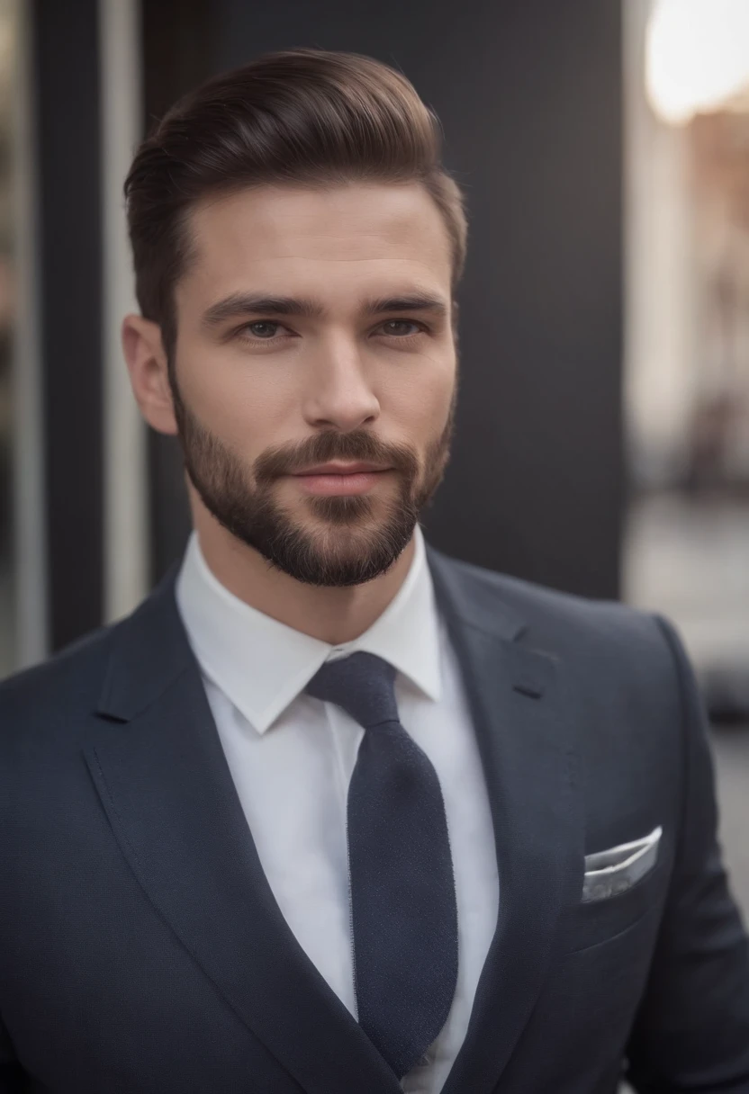Homem lindo de terno , barba linda , cabelo curto, homem sexy executivo, terno preto, foto retrato, cabelo castanhos olhos castanhos, terno preto, foto retrato para LinkedIn, melhor qualidade 
