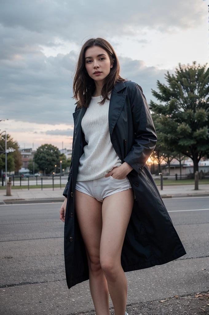 top Quority， tmasterpiece， 超高分辨率， （realisticlying： 1.4）， RAW photogr， solo girl， Brown dark hair， a park， dramatic  lighting， Full body photo， Cotton sky blue coat