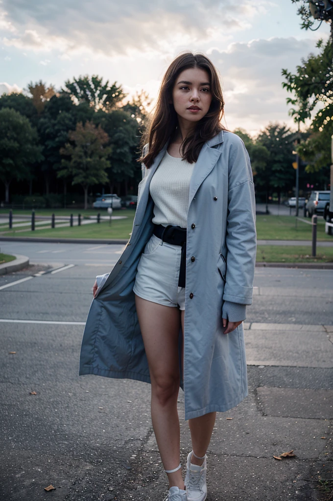 top Quority， tmasterpiece， 超高分辨率， （realisticlying： 1.4）， RAW photogr， solo girl， Brown dark hair， a park， dramatic  lighting， Full body photo， Cotton sky blue coat