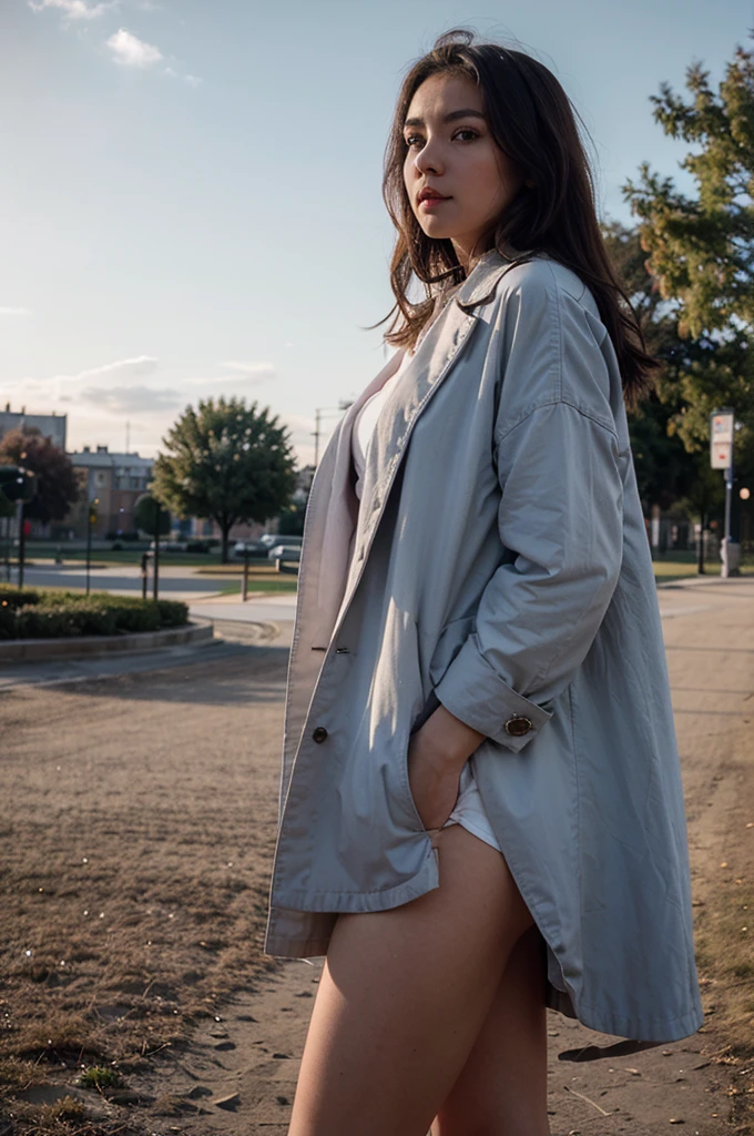 top Quority, tmasterpiece, 超高分辨率, (realisticlying: 1.4), RAW photogr, solo girl, Brown dark hair, a park, dramatic lighting, Full body photo, Cotton sky blue coat