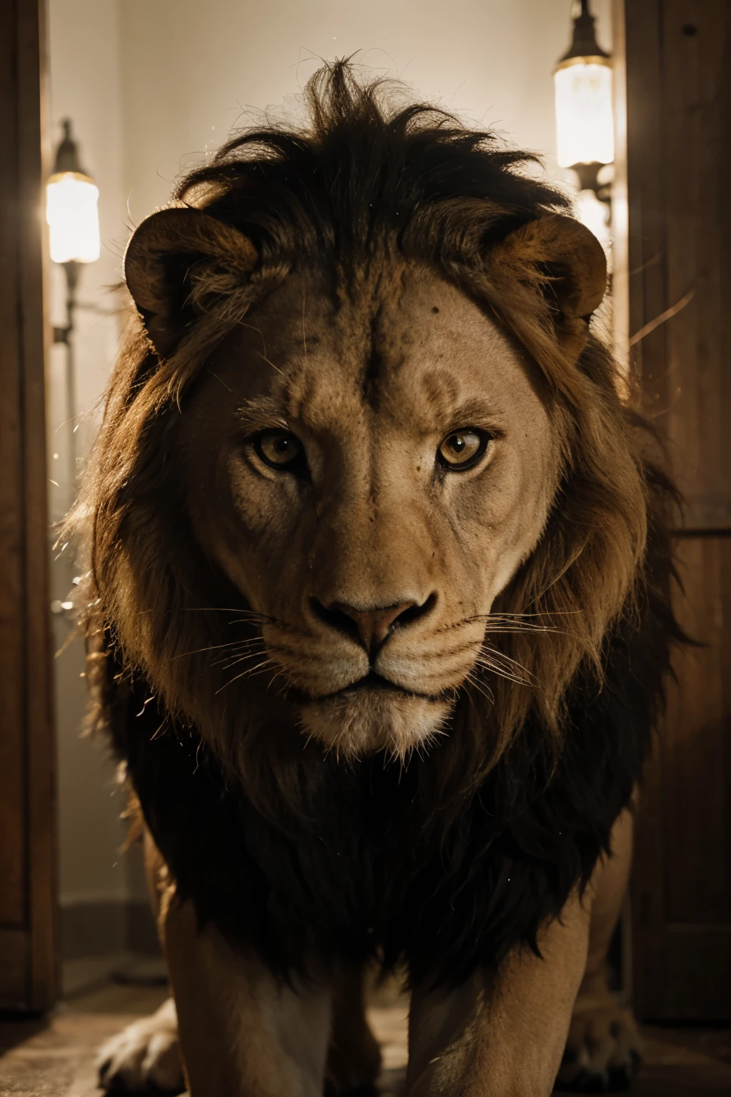 Large lion face with large mane in imposing, high definition, image in dark tones, highlighting the animal's yellowish eyes, with an expression of strength and pride, and a fierce look, focus only on the face