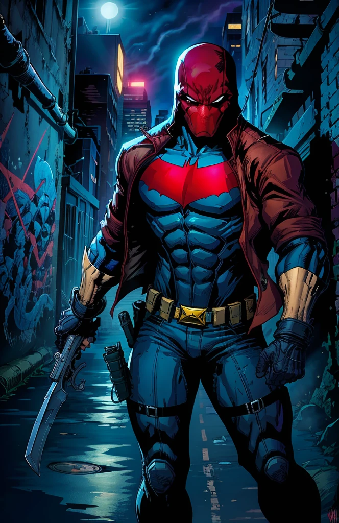 /imagine prompt: Title: "Red Hood: Jason Todd"Description:In the foreground, depict Jason Todd, also known as the Red Hood, standing confidently with a determined expression on his face. His anime-style appearance should feature sharp, angular features, piercing blue eyes, and a strong jawline. He wears his signature red helmet with the black bat symbol prominently displayed on the front.Jason's attire consists of a sleek, form-fitting red bodysuit with black accents, including gloves and boots. His utility belt is adorned with various pouches and gadgets, adding to his mysterious persona. The belt should be intricately detailed, showcasing his arsenal of tools.Over his bodysuit, Jason sports a stylish red jacket or trench coat, billowing slightly in the wind for added dynamism. The jacket should have subtle black accents, complementing his overall color scheme. The fabric of the jacket should reflect light, adding depth to the illustration.In the background, set the scene in a gritty urban environment reminiscent of Gotham City. Dark alleyways, towering skyscrapers, and flickering streetlights should create a moody atmosphere befitting a vigilante like Red Hood. Shadows should play across the scene, enhancing the sense of mystery and danger.Behind Jason, include subtle nods to his past and his connection to Batman, such as the silhouette of the Bat-Signal looming in the distance or graffiti depicting the iconic bat symbol. These details add layers to the narrative and reinforce his role within the Batman mythos.Overall, strive for a dynamic composition that captures the essence of Jason Todd as the Red Hood in anime style, with meticulous attention to detail in both character design and background elements.