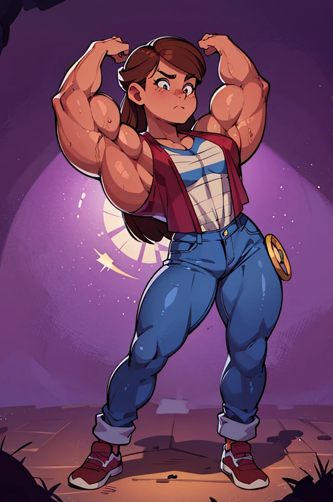 muscle girl with High cheekbones and a strong jawlineflexing muscles wearing purple muscle shirt and light blue jeans, her hair a rich chestnut brown, giving her a dynamic and youthful appearance, muscle woman, big muscles, huge muscles, massive muscles, muscle girl, bronze skin, Her facial features are a mix of determination and kindness, with expressive eyes that radiate a sense of adventure