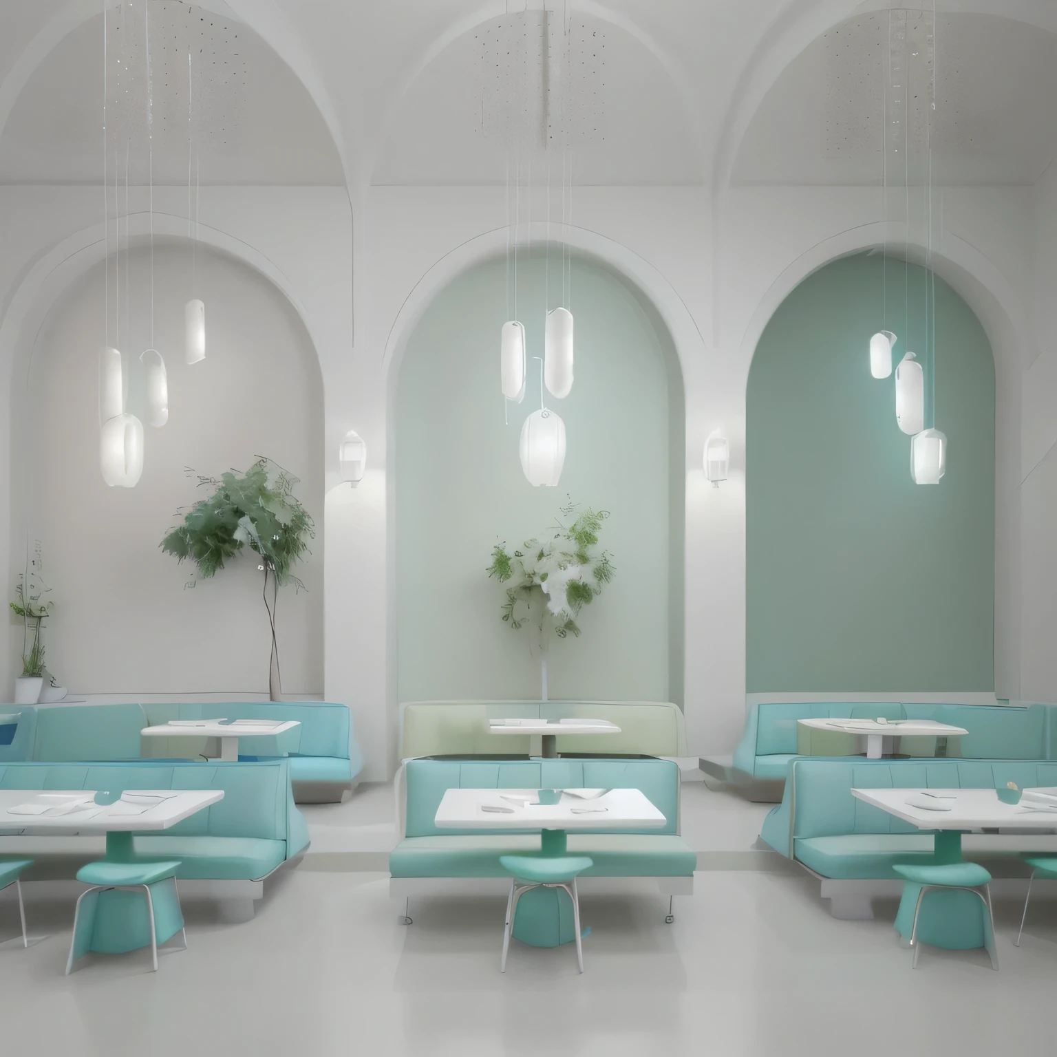 best quality, 8k, realistic, ultra-detailed, white wall, green blue pastel seating, white desk, lighting, minimal chandelier