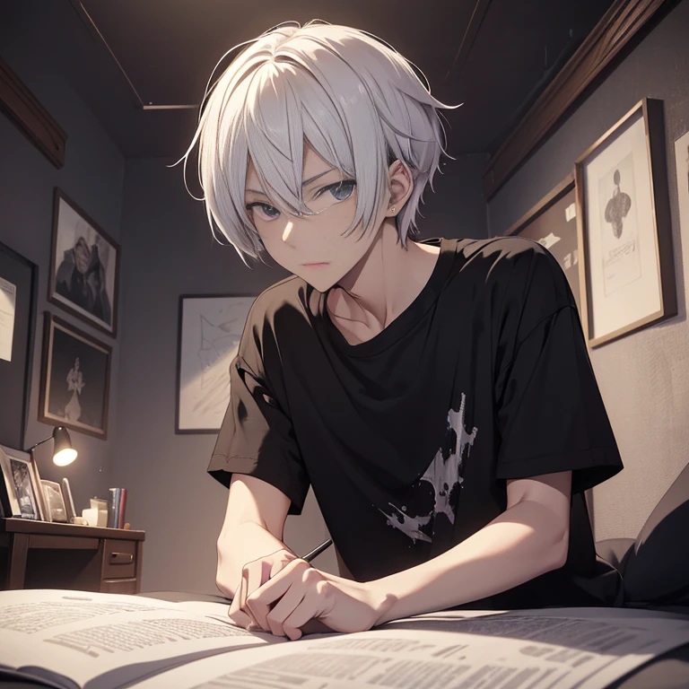 Absurd resolution, High resolution, (masutepiece: 1.4), Hyper-detailing, Night, Messy short white hair of a young man,Hair between the nose, Black casual clothes, Spooky room, Lying in bed