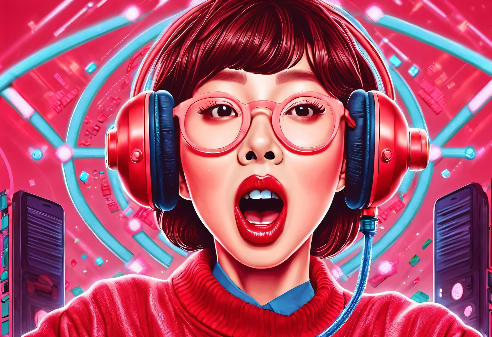 vaporwave style,Beautiful detailed,Vector illustration, Minimalism, digital illustration, Vector illustration，Minimalism，digital illustration，Hacker wearing sweatshirt and mask is working，time-shirt design，dramatic lighting，timerends at art shows
，Award-winning，icon，Highly detailed cute lively Korean actress Shim Eun-kyung holding a microphone and singing loudly with her mouth open in front of a super huge LED screen），Jumping pose，dynamic action，inspired by《strange her》，Shen Eun-kyung combed her hair into a slightly curly baby style，Very fair skin，timehere are two charming dimples on both cheeks，Wearing a red embroidered lace dress，background：LED screen, dramatic lighting, time

