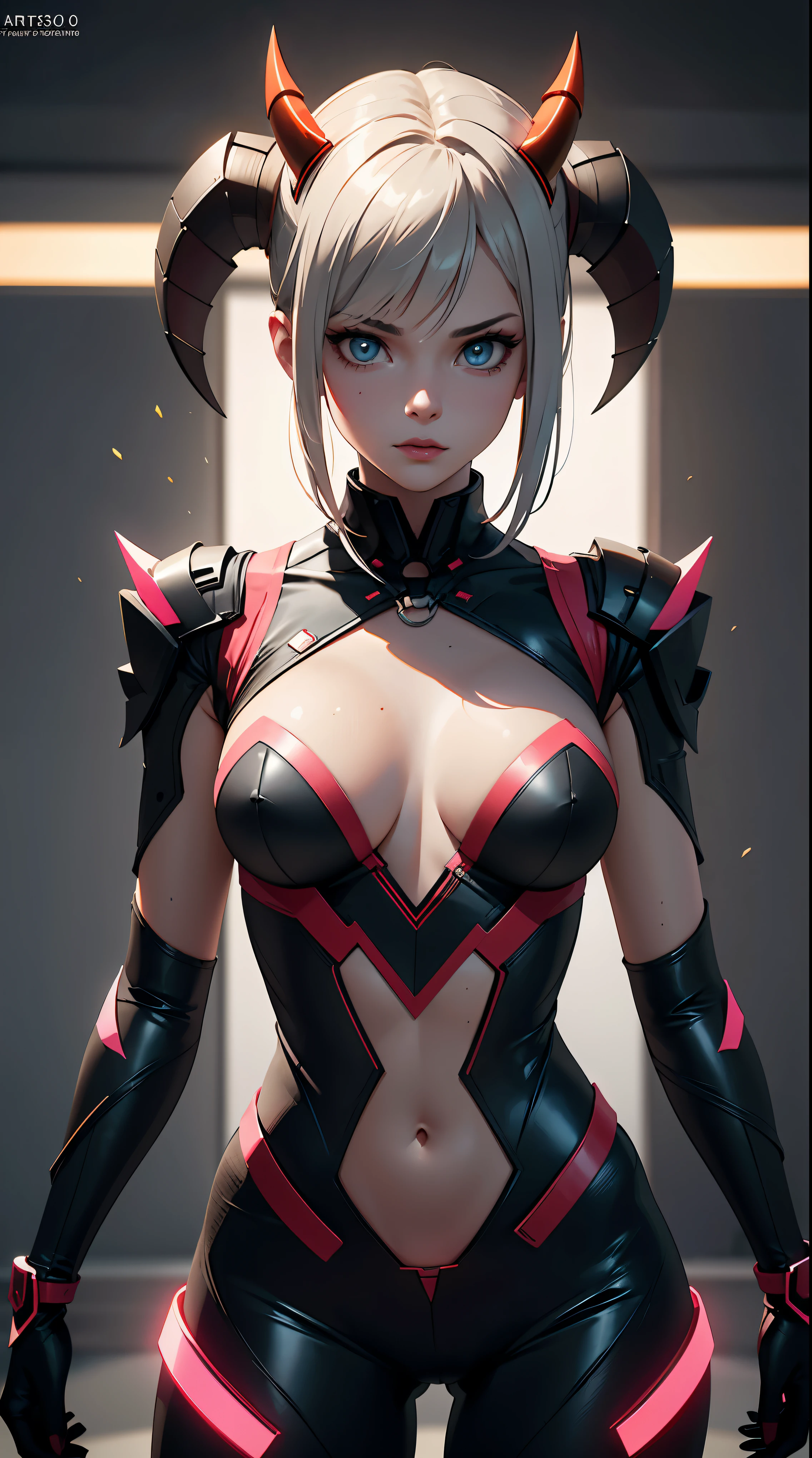 (masterpiece), Best quality, expressive eyes, perfect face, Cute girl, superhero suit, sexy costume, neon shineing horns, evil look, , 3 d, octane number, unreal engine 5, Conceptual art ,smooth skin textures, shiny skin, bright colors, shine, trending on ArtStation, Ultra-high detail, ultra realistic, cinematic lighting, concentrated, 8 thousand., perfect anatomy, Maximum detail,