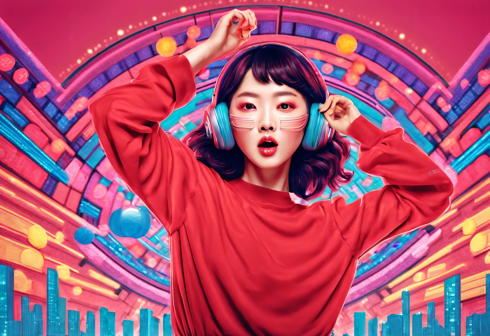 vaporwave style,Beautiful detailed,Vector illustration, Minimalism, digital illustration, Vector illustration，Minimalism，digital illustration，Hacker wearing sweatshirt and mask is working，time-shirt design，dramatic lighting，timerends at art shows
，Award-winning，icon，Highly detailed cute lively Korean actress Shim Eun-kyung holding a microphone and singing loudly with her mouth open in front of a super huge LED screen），Jumping pose，dynamic action，inspired by《strange her》，Shen Eun-kyung combed her hair into a slightly curly baby style，Very fair skin，timehere are two charming dimples on both cheeks，Wearing a red embroidered lace dress，background：LED screen, dramatic lighting, time

