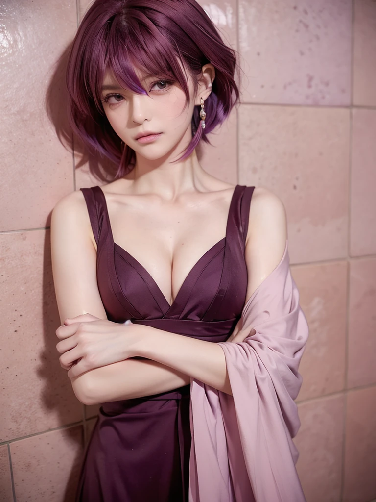 1girl, solo, breasts, blush, short hair, bangs, cleavage, medium breasts, closed mouth, collarbone, upper body, purple hair, nose blush, crossed arms, spiked hair, genderswap, covering, genderswap (mtf), covering breasts, tiles, retro artstyle, tile wall