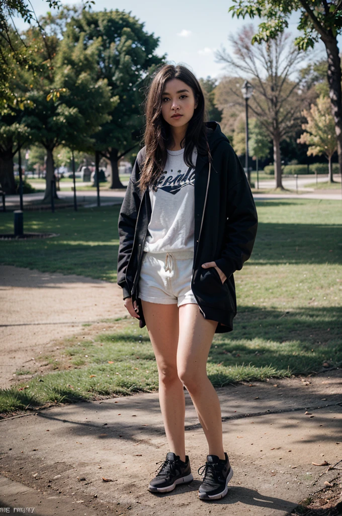 top Quority, tmasterpiece, 超高分辨率, (realisticlying: 1.4), RAW photogr, solo girl, Brown dark hair, a park, dramatic lighting, Full body photo, hoodie