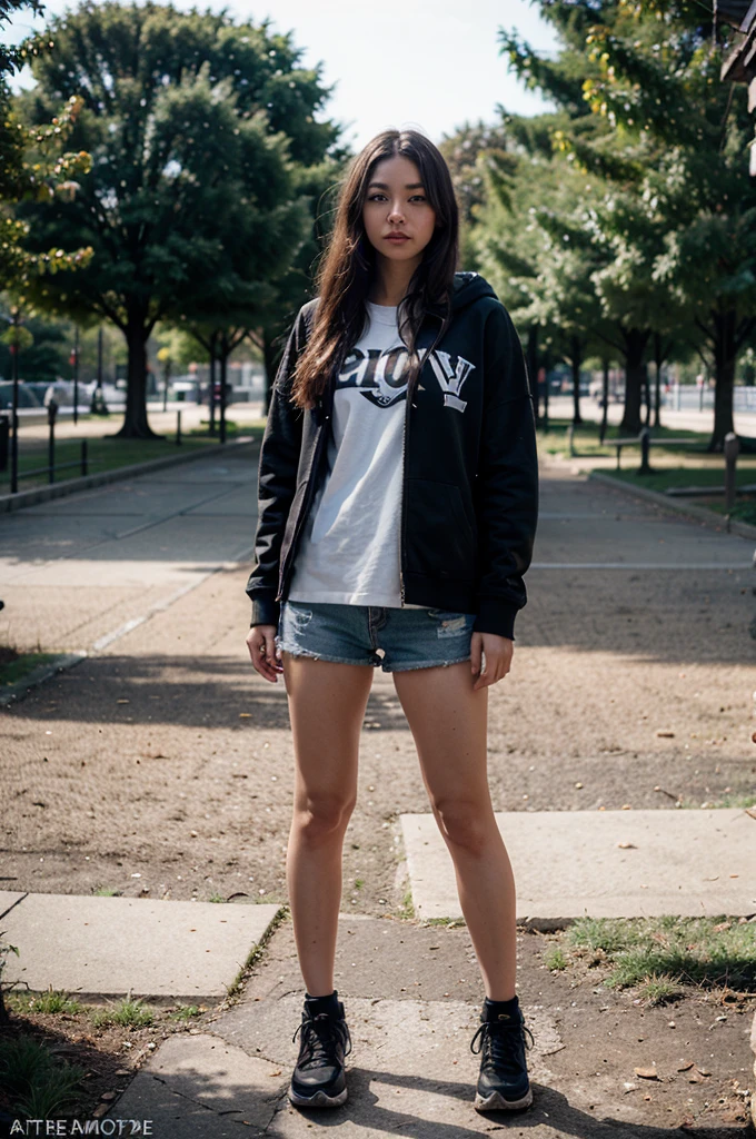 top Quority, tmasterpiece, 超高分辨率, (realisticlying: 1.4), RAW photogr, solo girl, Brown dark hair, a park, dramatic lighting, Full body photo, hoodie