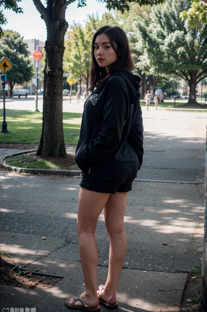 top Quority， tmasterpiece， 超高分辨率， （realisticlying： 1.4）， RAW photogr， solo girl， Brown dark hair， a park， dramatic  lighting， Full body photo， hoodie 