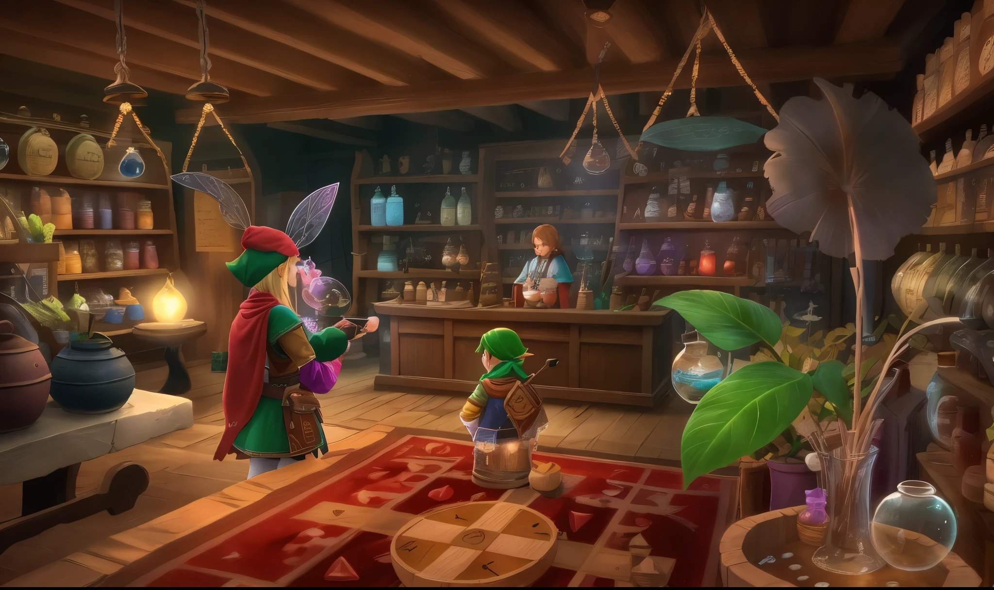 ((nintendo 64 art style)) In The Legend of Zelda: Ocarina of Time, the Potion Shop is a quaint and mystical emporium nestled within the bustling marketplace of Hyrule Castle Town. Adorned with rich hues of deep purples and soothing blues, the exterior of the shop is marked by a distinctive potion bottle sign that swings gently in the wind.
Upon entering, a tinkling bell announces your arrival, and you're immediately enveloped in an ambiance of enchantment. Shelves adorned with glass bottles of various shapes and sizes line the walls, each containing a vibrant liquid that glows with an otherworldly radiance. The air is infused with the soothing aroma of rare herbs and magical ingredients, creating an atmosphere that sparks the imagination.
Behind the polished wooden counter, the Potion Shop owner, a mysterious and knowledgeable figure, stands ready to assist. A bubbling cauldron simmers in one corner, emitting a mesmerizing haze that adds to the mystical allure. The shelves also house an array of accessories, from mystical fairies encapsulated in delicate bottles to mystical beans that promise unexpected surprises when planted.
The shop's soundtrack, a melodic tune that resonates with the magical essence of Hyrule, enhances the overall experience. As you peruse the wares and engage in conversation with the shopkeeper, a sense of anticipation and wonder permeates the air, making the Potion Shop an integral and memorable part of Link's journey through the captivating world of Hyrule.