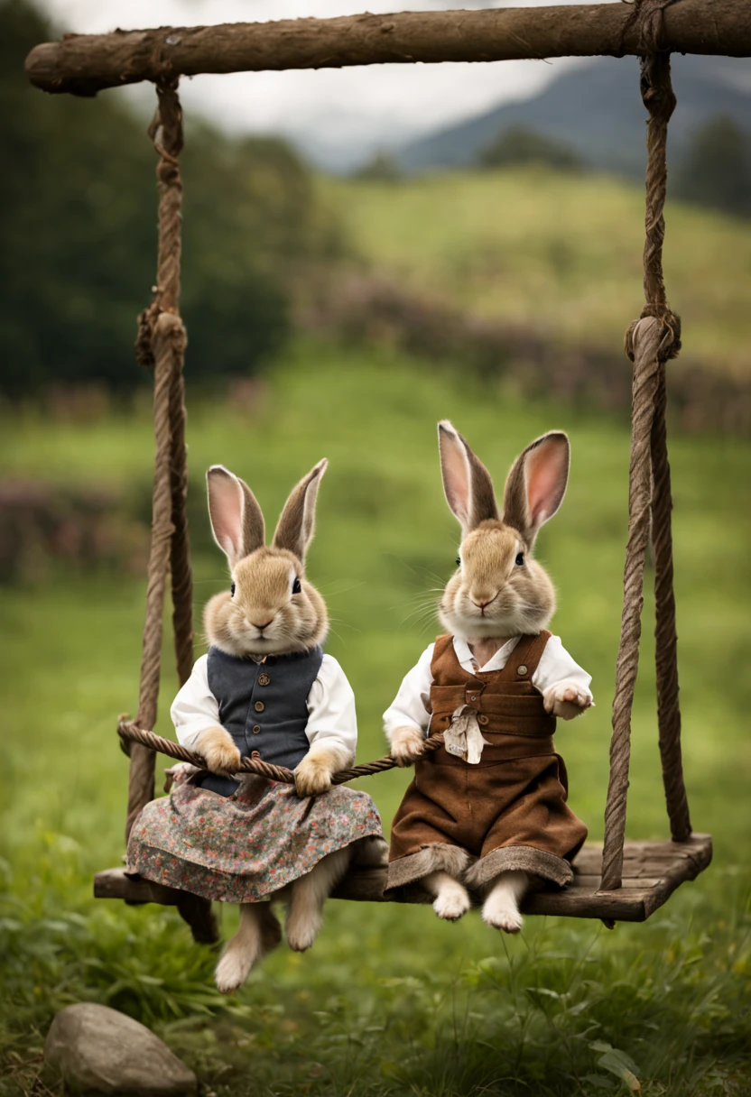 Extrememly realistic country rabbits dressed in peasant clothes in the style of Beatrix Potter , playing on a swing, black mountain college, bloomsbury group, portraiture style of edwardian beauty, layered textures , elegantly formal (Rembrandt Lighting), zeiss lens, ultra realistic, (high detailed skin:1.2), 8k uhd, dslr, Dramatic Rim light, high quality, Fujifilm XT3 HDRI
