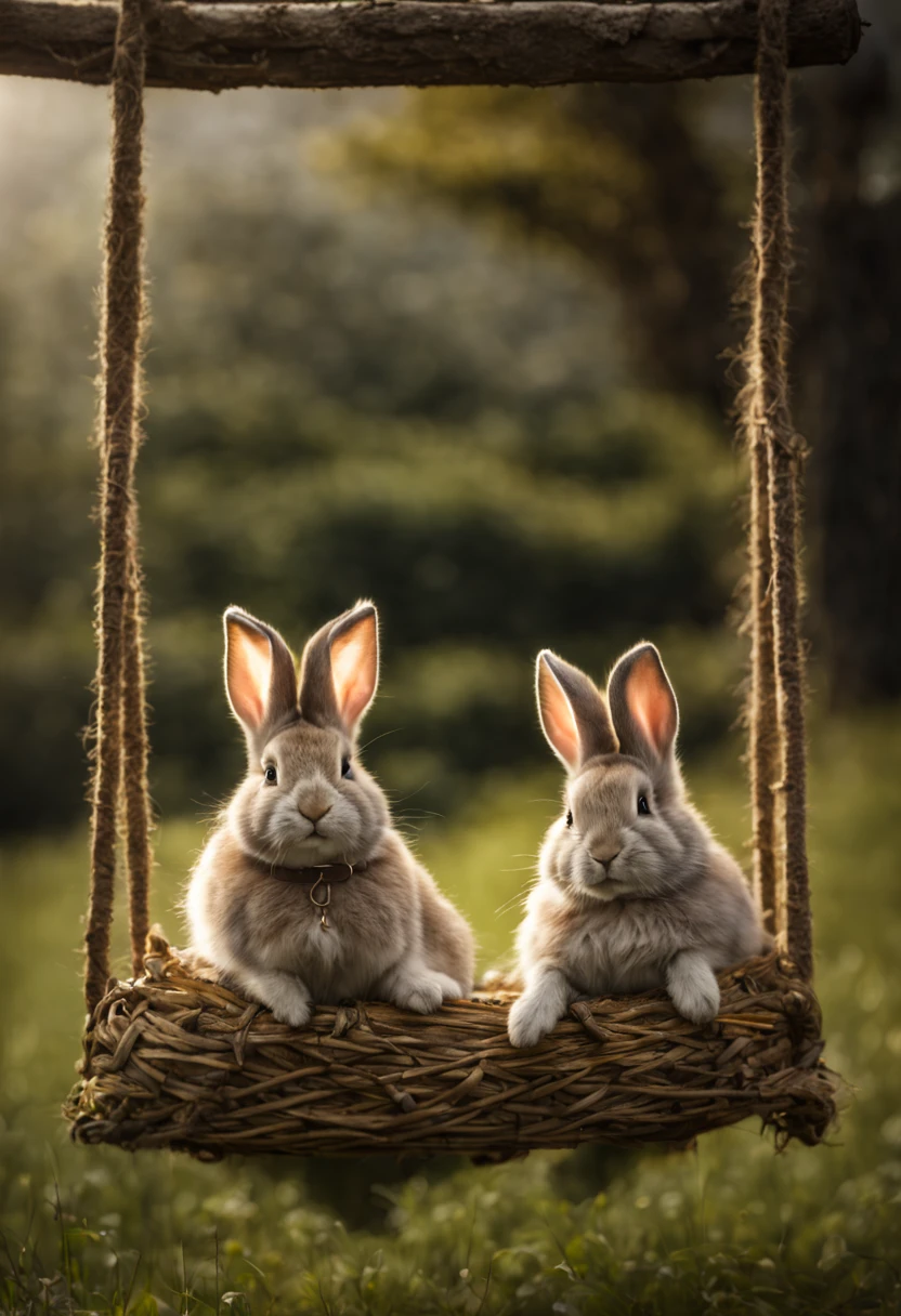 Extrememly realistic country baby rabbits dressed in peasant clothes in the style of Beatrix Potter , playing on a swing, black mountain college, bloomsbury group, portraiture style of edwardian beauty, layered textures , elegantly formal (Rembrandt Lighting), zeiss lens, ultra realistic, (high detailed skin:1.2), 8k uhd, dslr, Dramatic Rim light, high quality, Fujifilm XT3 HDRI
