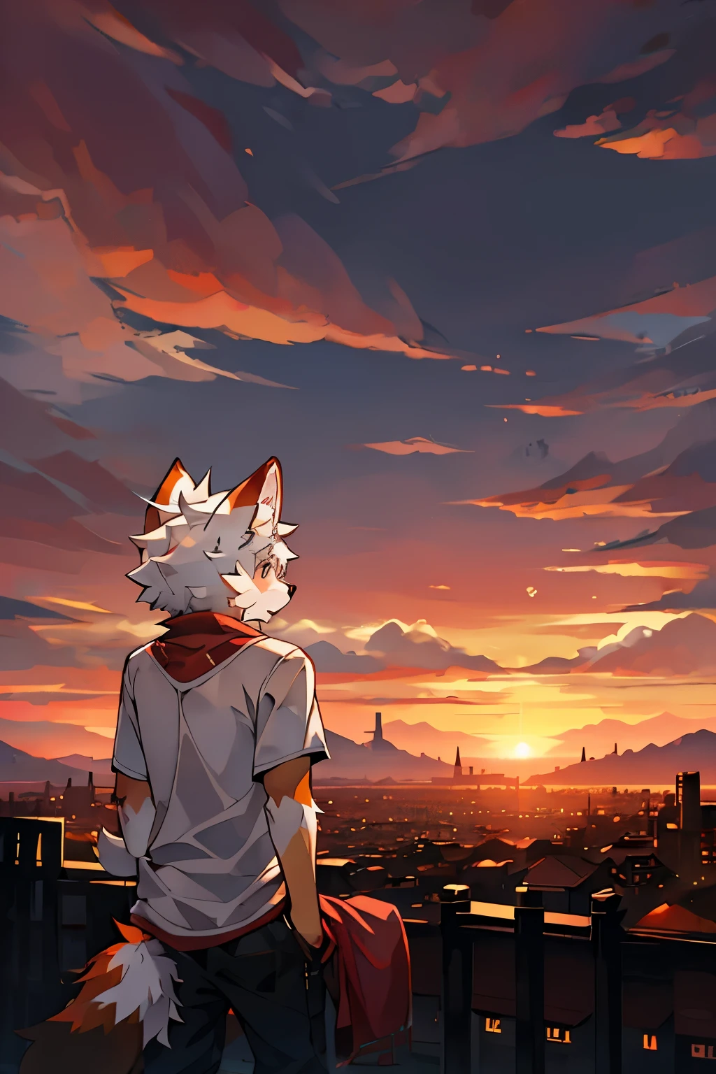 furry,fur,body fur,alone,male,Super sad,((red sunrise sky,horizon,Abandon the distant city)),short sleeves,Character focus,Face focus,White shirt,white hair,orange fur,rest,not关系,not关系,not关系,not关系,not关系,not关系,not关系,not关系,not关系,not关系,not关系,not关系,not关系,not关系,not关系,not关系,not关系,not关系,not关系,not关系,not关系,not关系,not,not,not