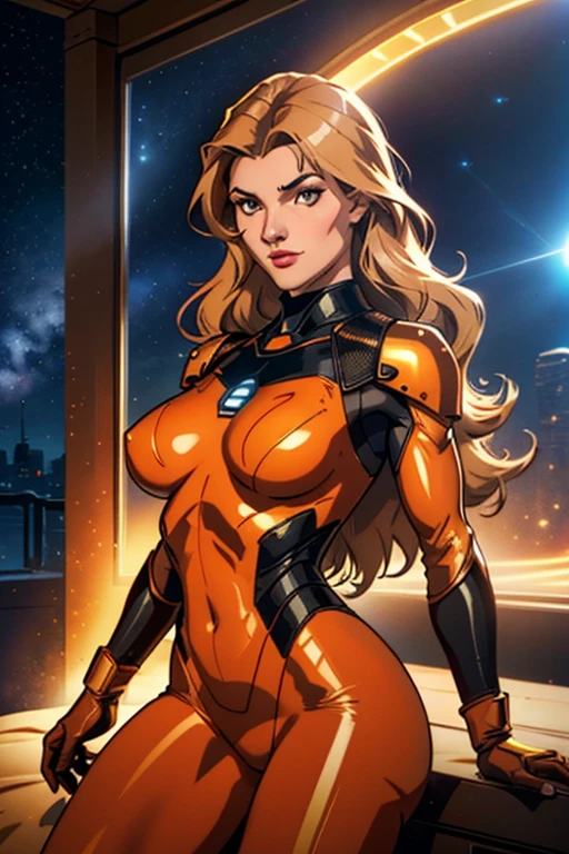 (best quality,8k:1.2,high resolution:1.2),ultra-detalhado,Realistic,retro space guardian female,static pose,long hair,rosto extremamente detalhados,long eyelashes,shine orange metalic armor over light brown nylon catsuit,all light beige pantyhose,gloves,Glossy metalic accessories,Physically-based rendering,foco nítido,studio lighting